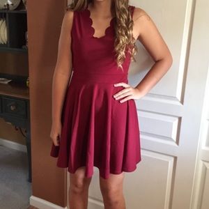 fit and flare mini red dress with scalloped neck